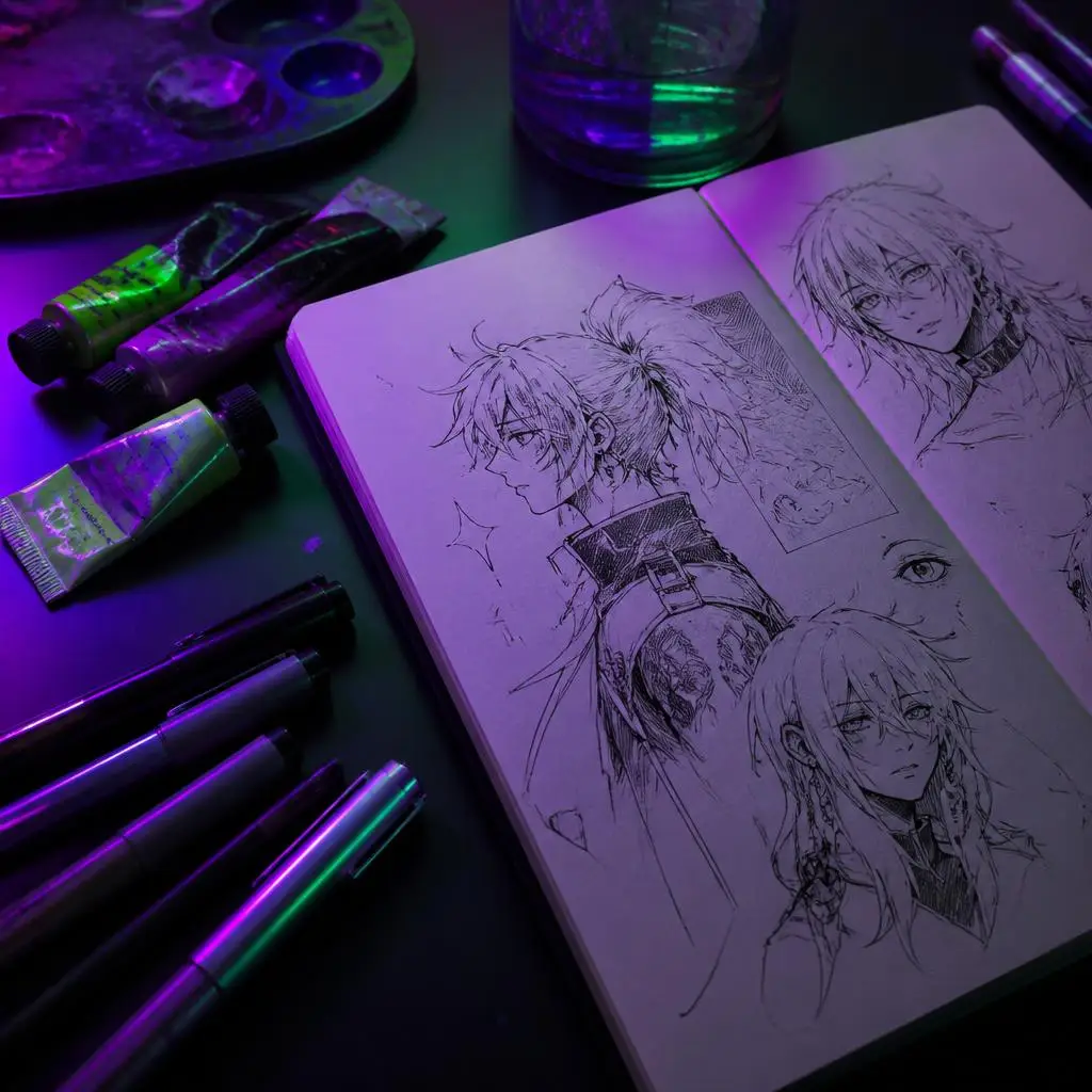Sketchbook-style creative corner under neon purple and green light