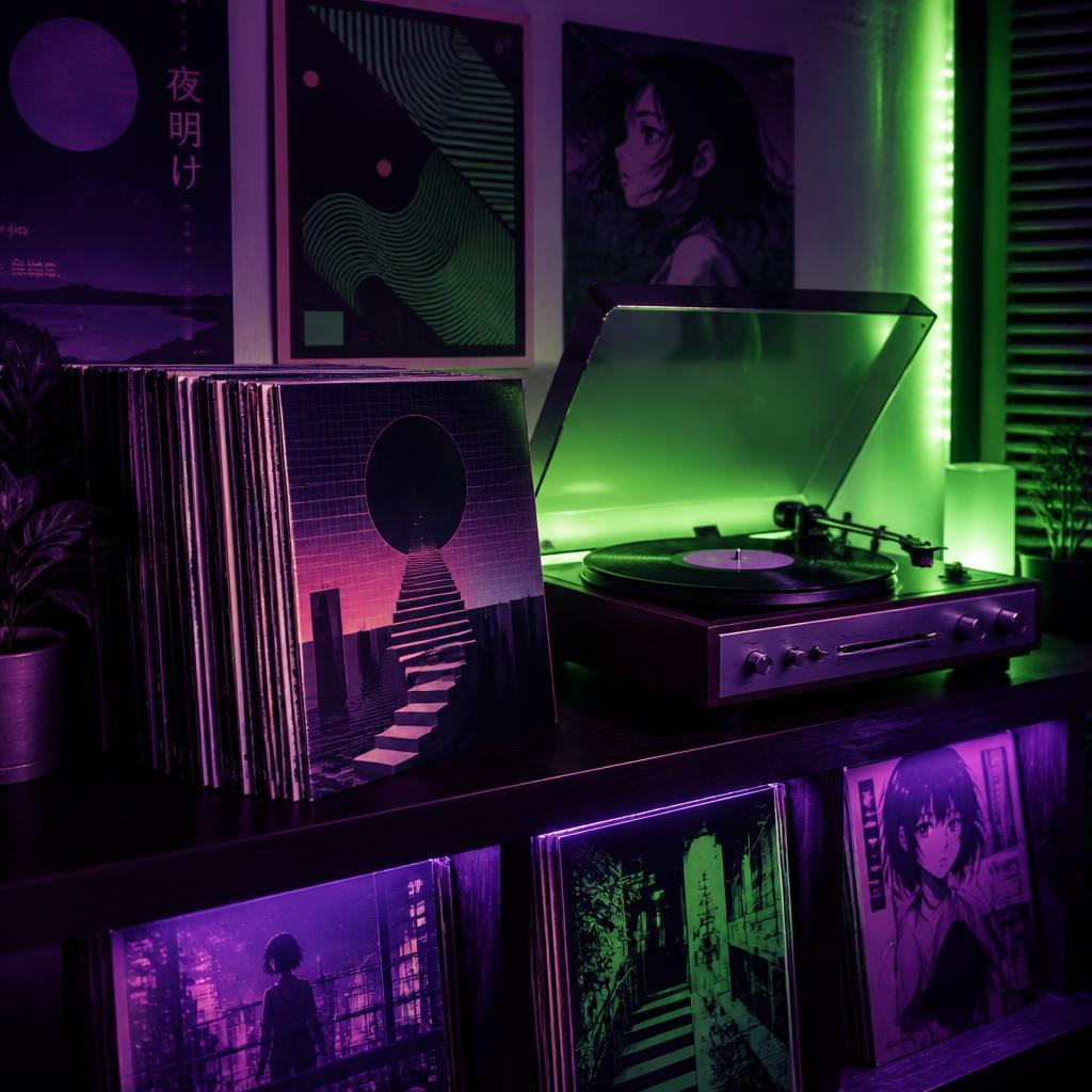 Vinyl records and record player with neon purple and green lighting